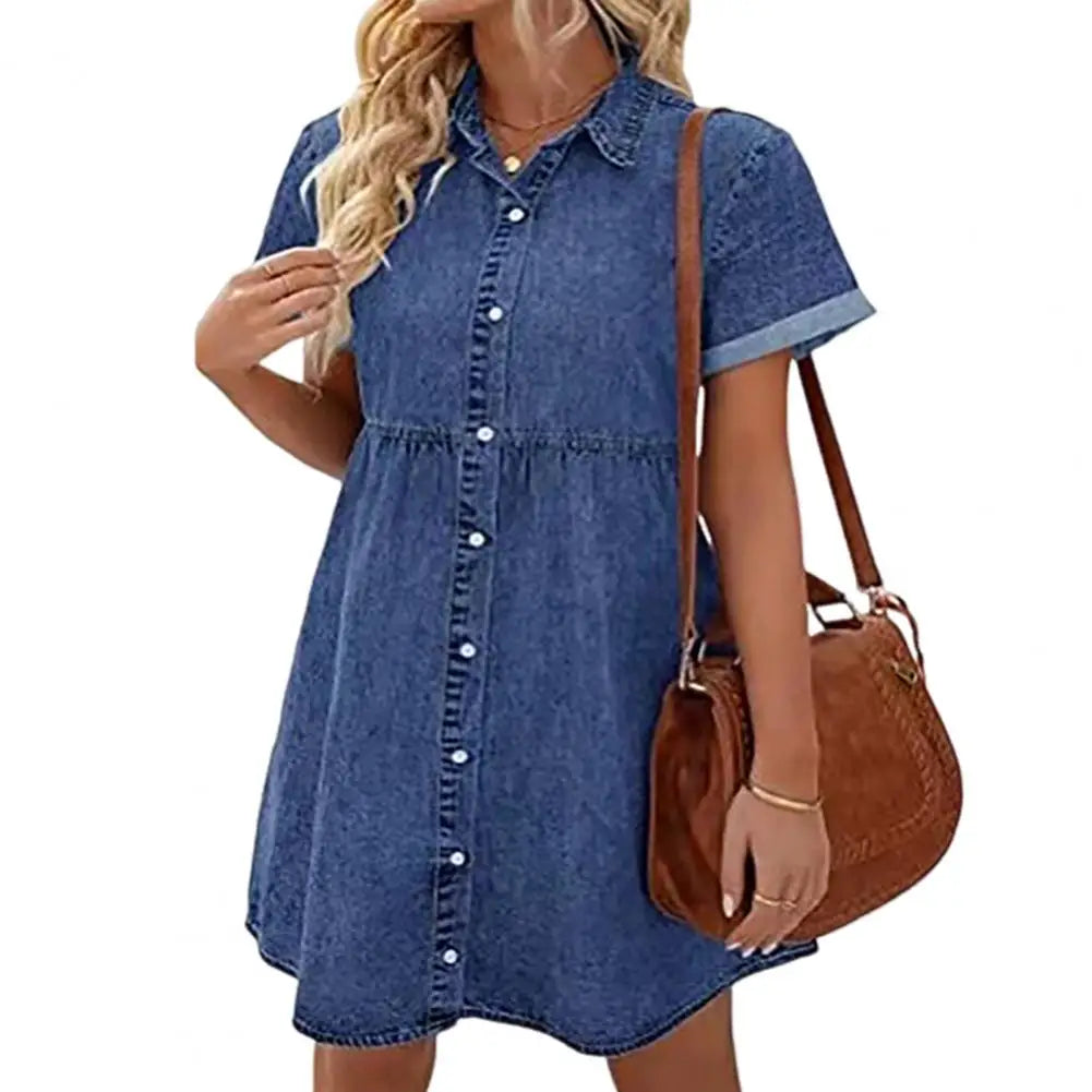 Faux Denim Button-down Mini Dress Women Summer Dress Short Sleeves A-line Lapel Patchwork Dress for Dating Commuting Party
