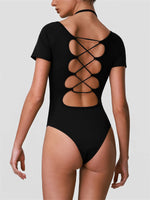Summer Women's Cross Hollow Back Yoga Jumpsuit Short Sleeved Slimming Sports Overalls High Stretch Push Up Fitness Bodysuit