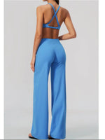 Summer 2 Piece Yoga Sets Women Tight Back Cross Sports Bra High Waist Peach Hip Wide Leg Pants Gym Running Fitness Workout Suits