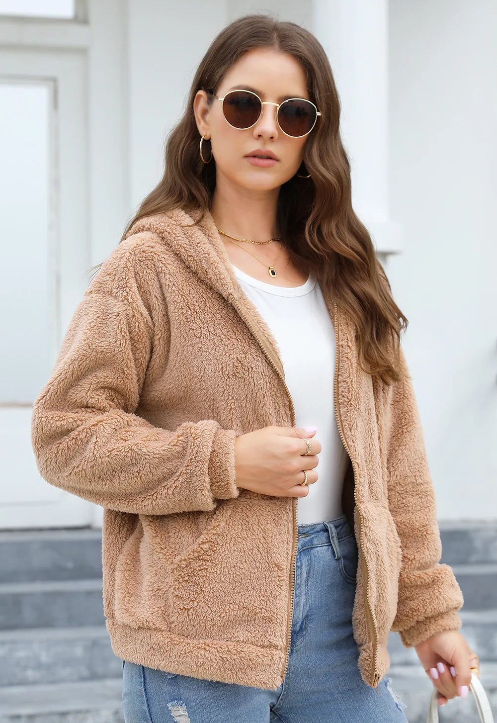 Phantasy Woman Hooded Fleece Coat Womens Casual Jacket Soft Heavy Autumn Winter Solid Hooded Jacket Ladies Outwear Overcoat