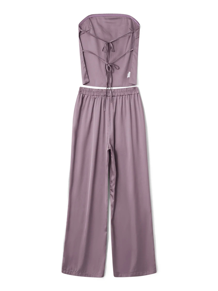 Women 2 Piece Pant Outfits Bandage Backless Bandeau Tops and Elastic Wide Leg Pants Set Streetwear Aesthetic Summer Clothes