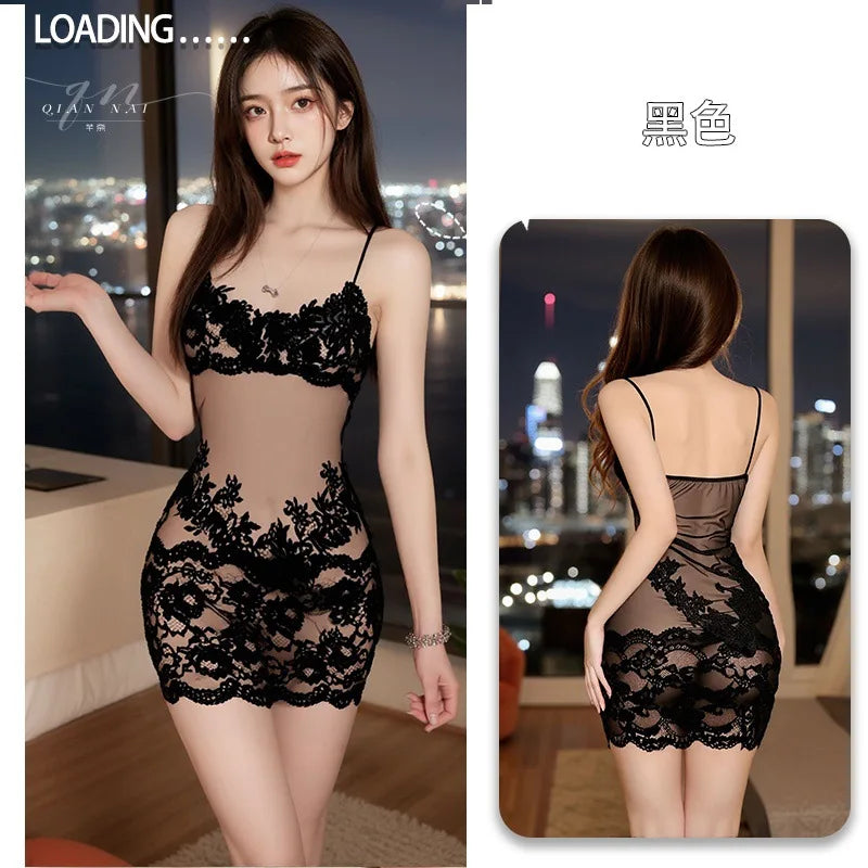 Women's Fashion Lace Solid Slips Patchwork Sexy Slim See Through Mini Dress Summer Vacation Party Night Club Outfit Hugcitar