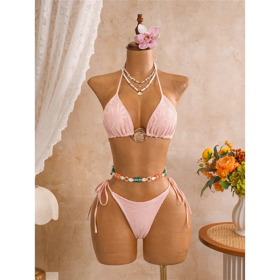New Leaves Printed Halter Bikini Suit Female Swimsuit Women Swimwear Bather Bathing Suit Swim Three-Pieces Bikini Set