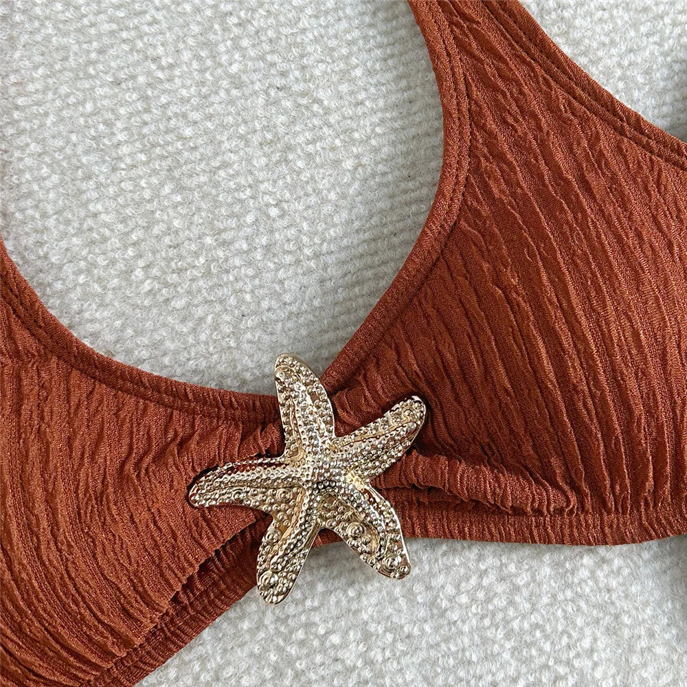 Solid Green Swimwears Metal Starfish Sexy Halter Bikinis Sets Swimsuit Woman 2026 Bathing Swimming Suit Brazilian Bikini Mujer