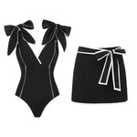 New 2Pcs Black Hollow Swimsuit Women Sexy Swimwear With Midi Skirt Push Up Bikini Female Biquini Bathingsuit Bodysuit Beachwear