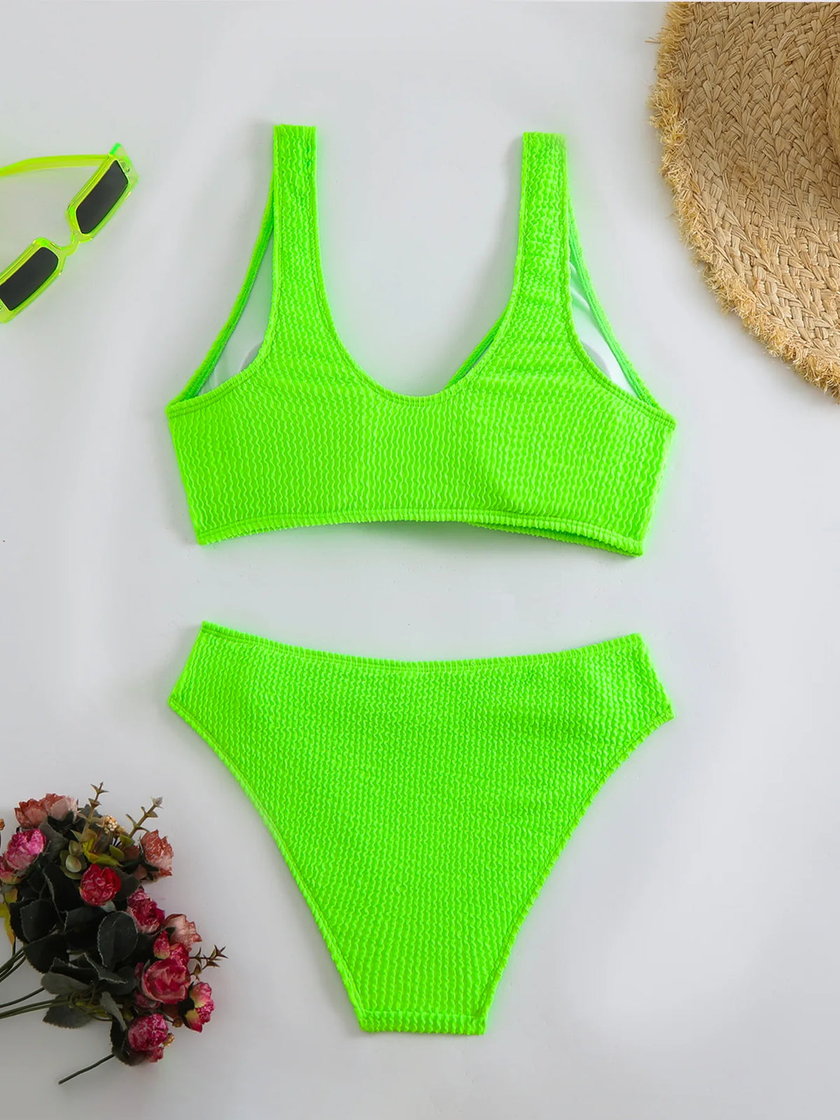 2026 Summer New Women's 2 Piece Swimsuit Solid Color High Waist Bikini Set V-neck Backless Beach Vacation Bathing Suit Swimwear