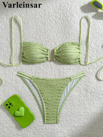U Neck Wrinkled Crinkled Bikini Women Swimwear Female Swimsuit Two-Pieces Bikini Set High Cut Bather Bathing Suit Swim V5708B