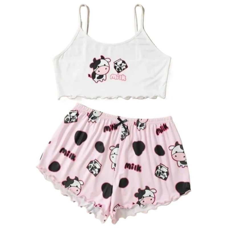 Women's 2pcs Cute Soft ComfyDoll Print Sexy Sleepwear Sleeveless Shorts Homewear Pajama Set Loungewear