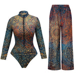 S - XXL New Printed Long Sleeve With Pants Sarong Shorts Women Swimwear One Piece Swimsuit Female Bather Bathing Suit Swim V8395