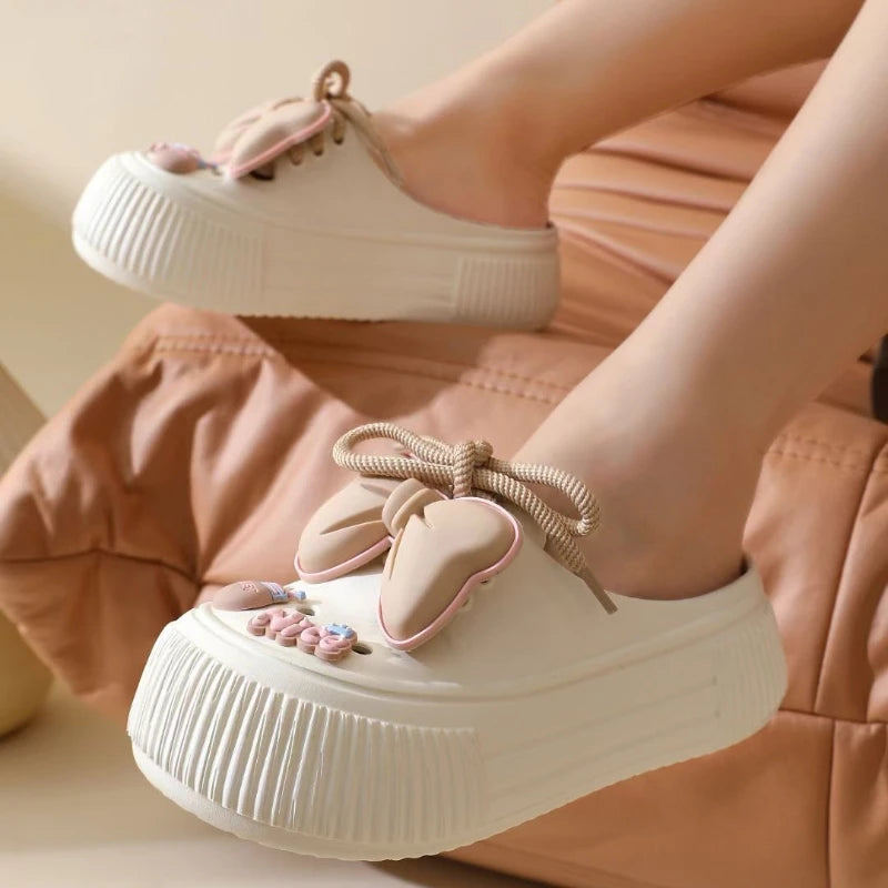 2025 New Slippers DIY Bow Platform Sandals for Women Summer Thick Sole Beach Slides Woman Flowers Non Slip Clogs Garden Shoes