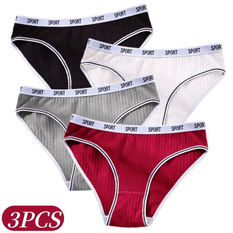 3Pcs/Set Women Low Waist Briefs Letter Waistband Casual Sport Style Panties Rib Knit Cotton Stretch Underwear Ladies Underpants