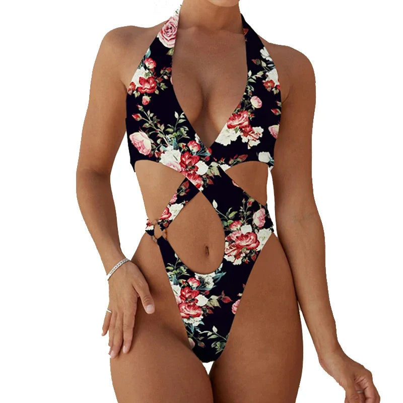 2025 Sexy High Cut Out Halter Female Swimwear One Piece Swimsuit Women Cross Bandage Monokini Bather Bathing Suit Swim Bodysuit
