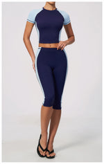 Color Blocking 2PCS Yoga Set Women's Tracksuit Short Sleeve O Neck Sports T Shirts High Waist Cropped Pants Tight Fitness Suits