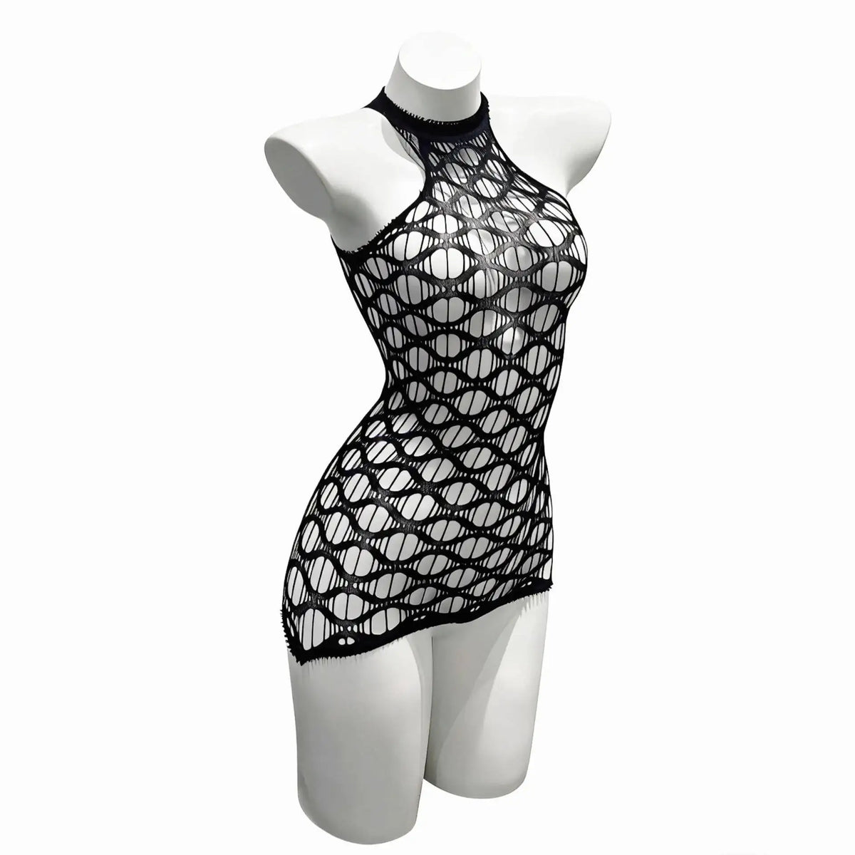 Sexy Mesh Halter Neck Hollow Out Open Crotch Dress With Exposed Chest And Sheer For Women Off-the-shoulder Mini Dress Charm RCIJ