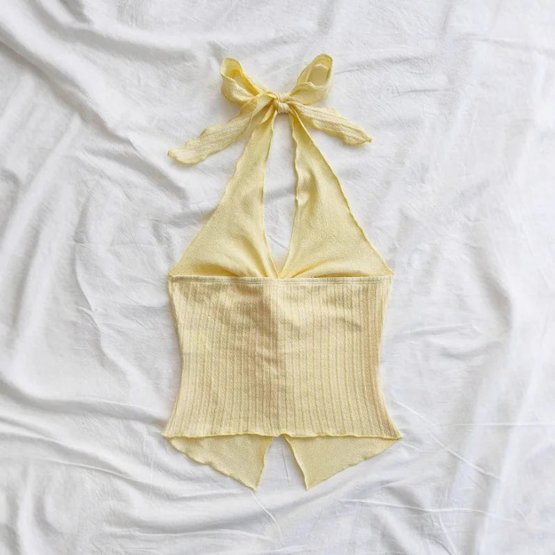 Sweet Bow-Tie Neckline Halter Topfor Women Hot Girl Solid-Color Cropped Knit Tank Top Summer Beach Outfit Female Clothes