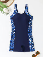 Women One-piece Sports Swimsuit Professional Training Athletic Boyleg Bathing Suit Printed Swimwear Patchwork Beach Wear Blue