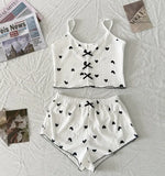 Cute Heart Print Pajama Set Women's Ribbed Cami Top & Shorts Bow Detail Sleepwear Loungewear Soft Comfortable Pj Set New Fashion