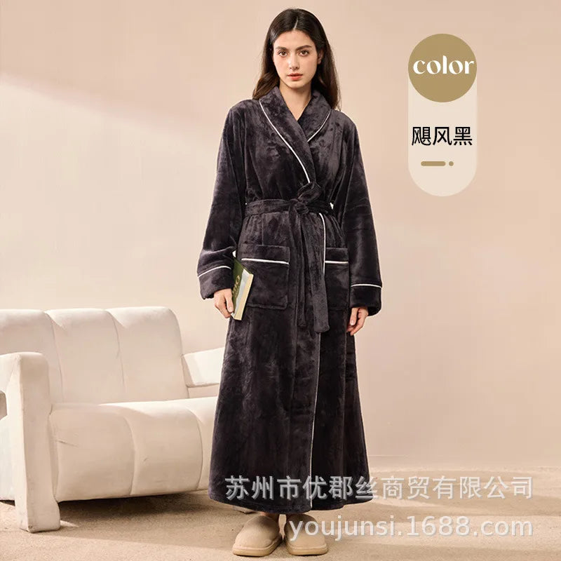 2026 Autumn Winter New Thick Coral Fleece Couple Bathrobe, Long Flannel Robe for Men Women Warm Home Pajamas Loungewear