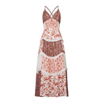 Women's Summer Floral Print Bohemian Long Dress Stylish Lace Patchwork Ruffled Trim Spaghetti Strap V Neck A-Line Dress