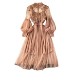 2 Pcs/Set Women Dress Suit Floral Embroidery See-through Lace Lantern Sleeves Pleated A-line Elastic Waist Dress Slip Dress Suit