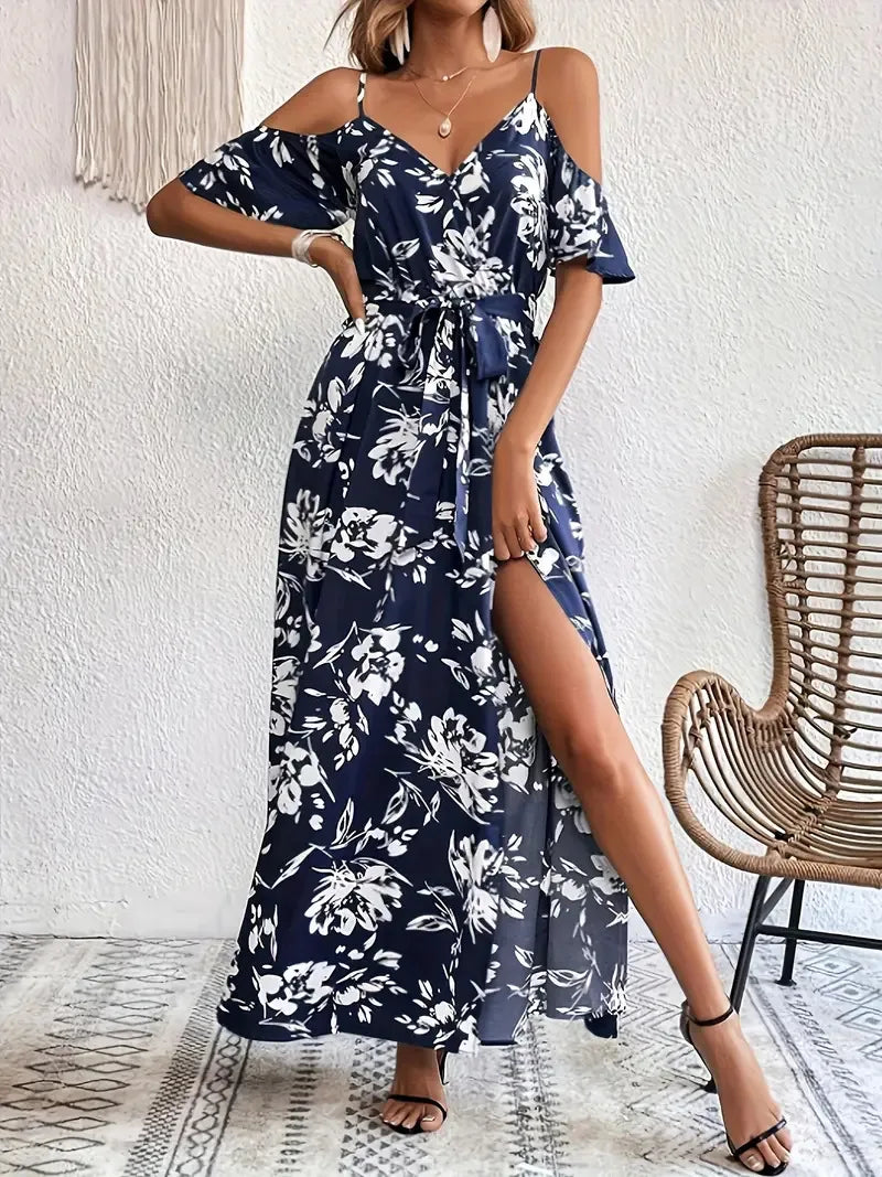 New Summer Women Print Dress 2025 Fashion ElegantVacation Party Short Sleeve Slim V-neck Slit Long Dresses Vestidos Para Mujer