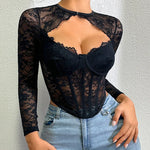Solid Color Slim Low-Cut Tube Top Lace Mesh Patchwork Lace Sexy Hollow Out Fishbone Top Long Sleeve Vest Transparent Charm NJWG