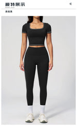 2PC Color Contrast Yoga Suit Women Short Sleeve Square Collar Slim Sports Top Fitness Suits Outdoor Exercise Leggings Tracksuit
