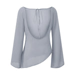 Summer Women's Sheer Chiffon Tops Solid Color Boat Neck Long Sleeve Tie-up Back Blouse for Party Club Daily Cover-ups Shirt