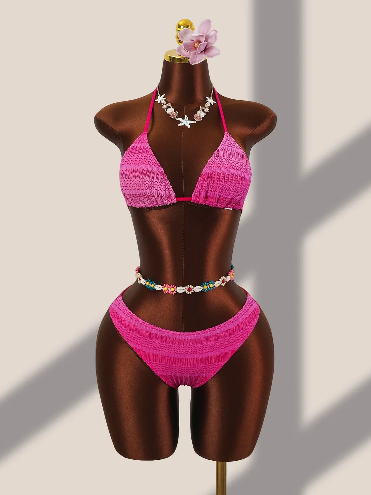 Vintage Hot Pink Gradient Bikini Set 2026 Women Push Up Bra Holiday Mesh Pleate Cover Up 3 Piece Swimsuit Bathing Suit Swimwear
