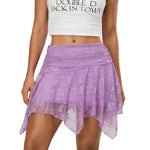 Womens Solid Color Summer Short Skirts Floral Lace Sheer Asymmetric Frill Hem Soft Lined Waist Ruched Mini Low Rise Skirts