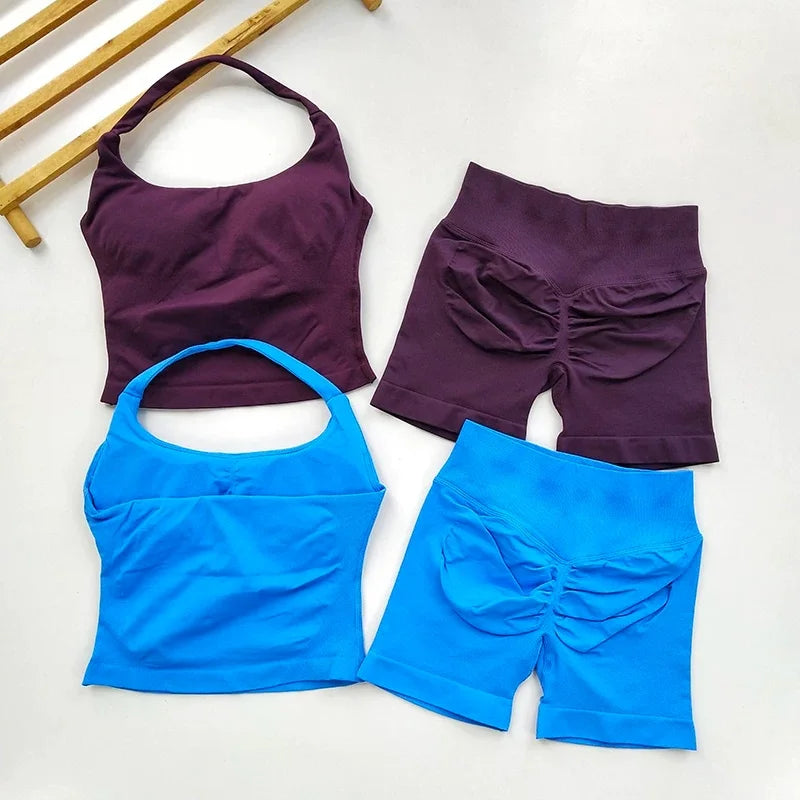 Yoga 2 Pieces Gym Set Women Backless Halter Tops High Waist Seamless Shorts Gym Suit Fitness Sports Bras Sportswear Workout Sets