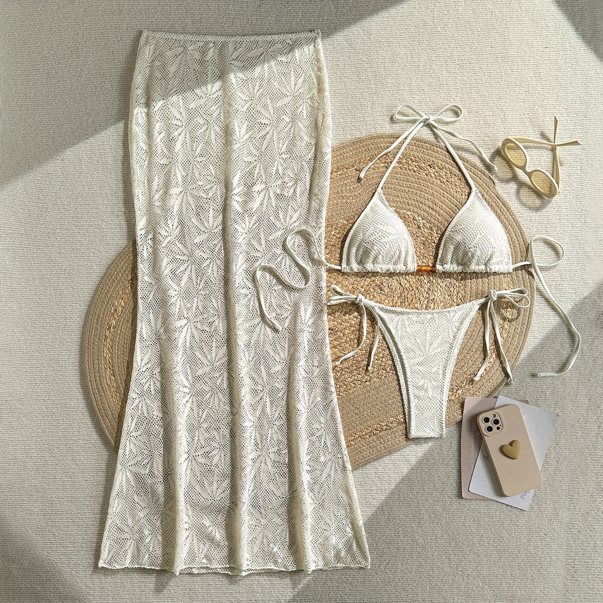 DEKA Women Vintage Beige Leaves Print Bikini Set Drawstring High Waist Mesh Pants 3 Piece Swimsuit Holiday Bathing Suit Swimwear