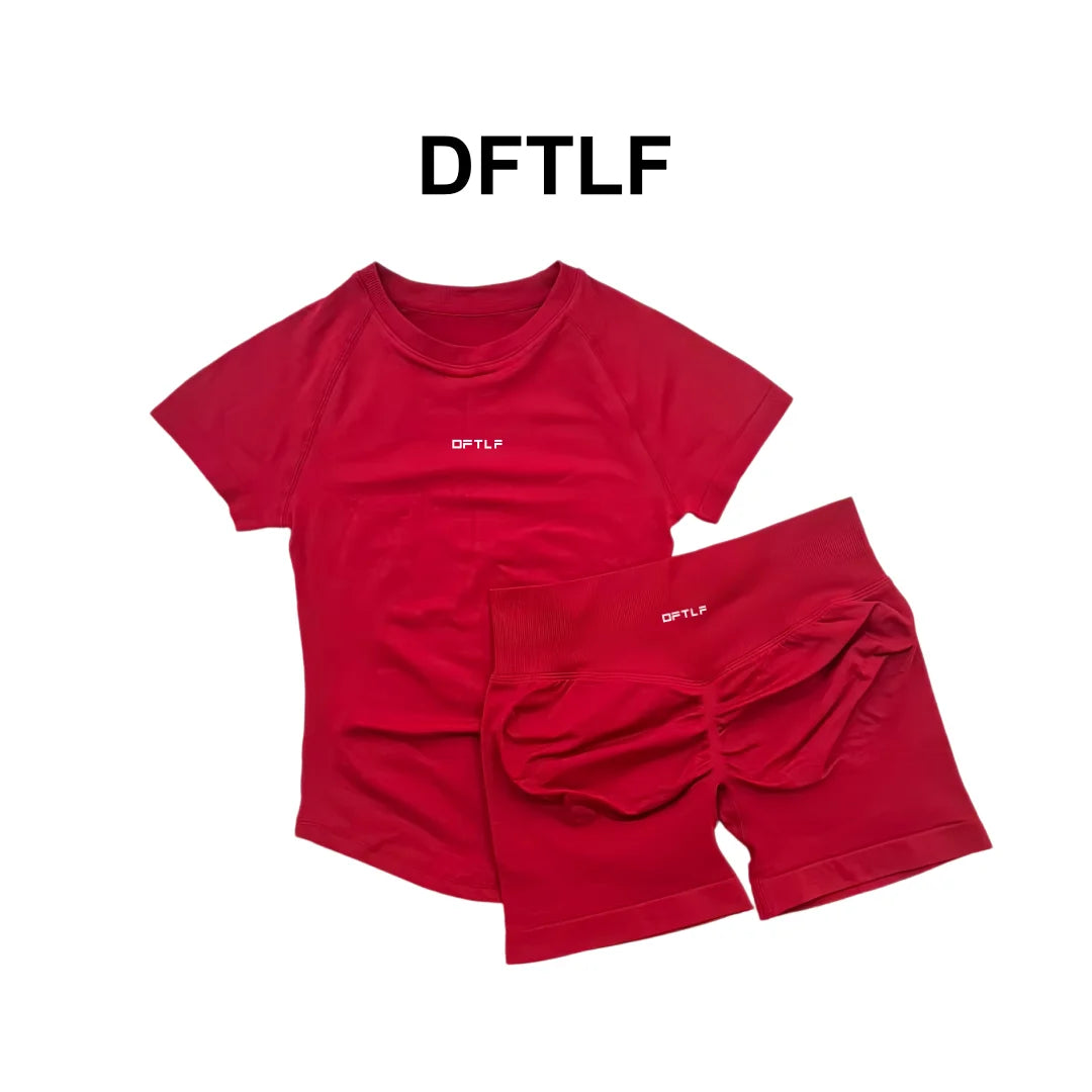 DFTLFWomen 2PCS Seamless Yoga Suit Short Sleeve Top High Waist Shorts Quick Dry Breathable Gym Fitness Running Workout Sport
