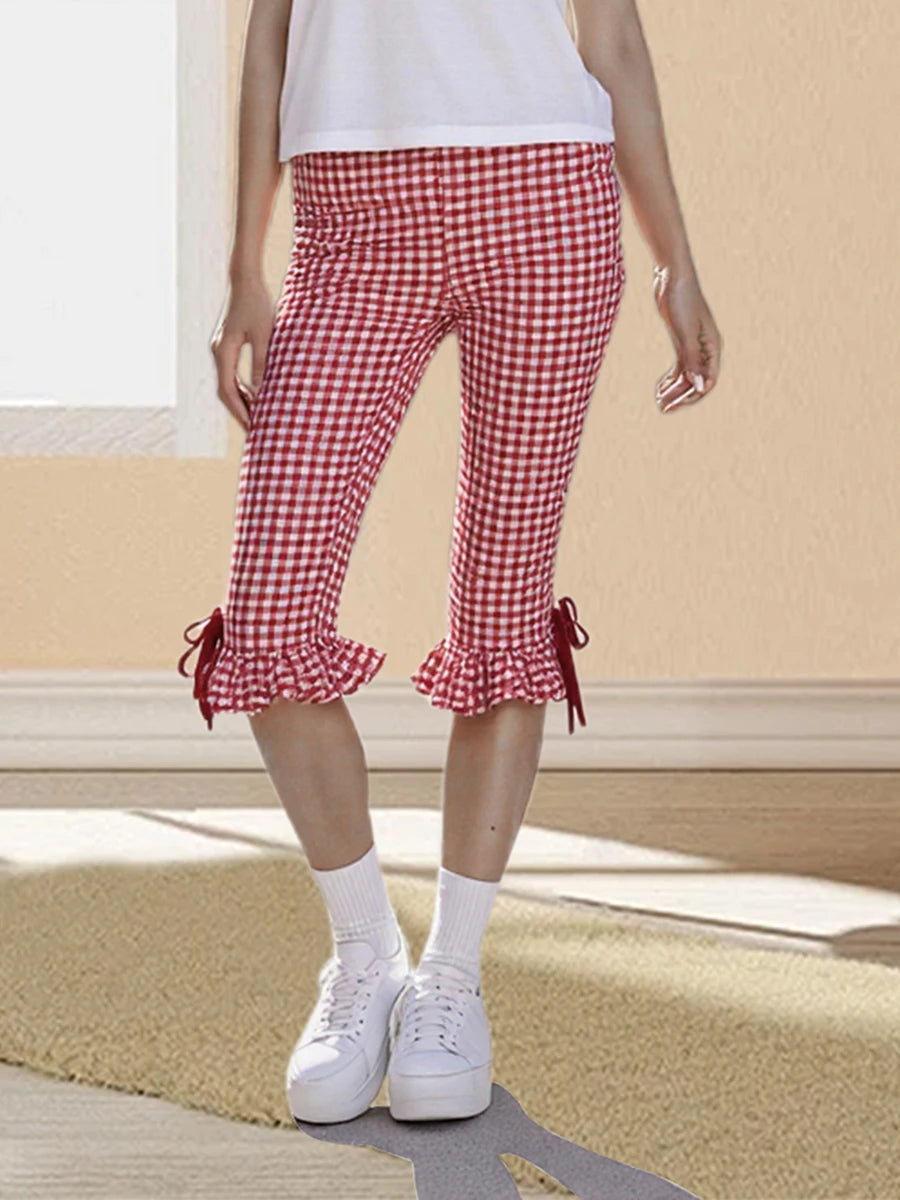 Women Flared Leggings Capri Pants Casual Fashion Plaid Print Cute Bow Crop Bell Bottoms Trendy Bootcut Trousers