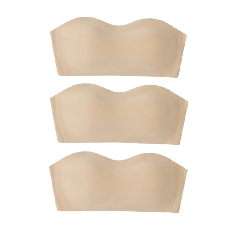 3Pcs/Set Women Strapless Bandeau Bra Removable Straps Seamless Wireless Multi‑Hook Back Closure Bra For Multi‑way Wearing
