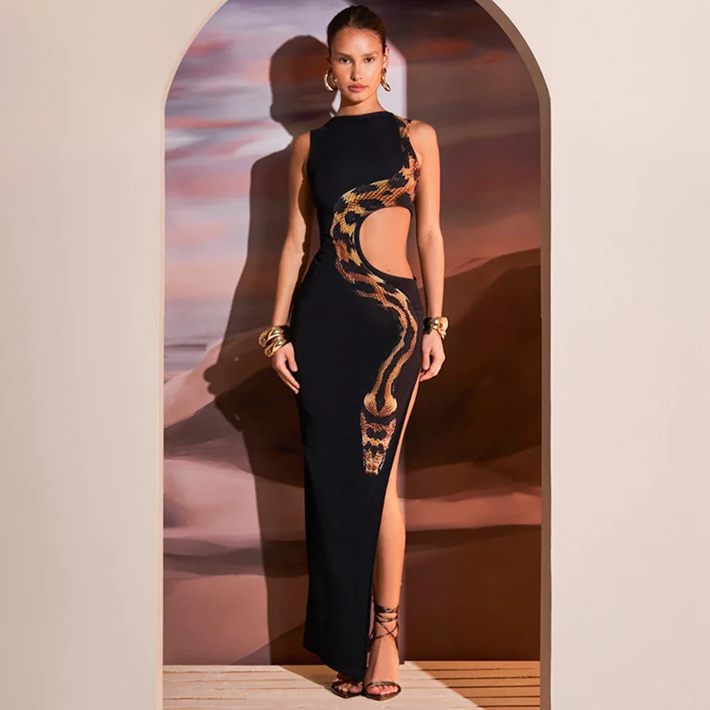 Snake Print Cut Out Slim Long Dress Women Fashion Sexy Package Hip Bodycon Slit Sleeveless Dresses Club Party Vestidos 2025 New