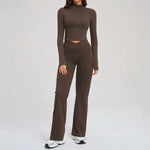 2PCS Yoga Set Gym Clothes Sportswear Seamless Women Fitness Long Sleeved Tracksuits Sports Workout Gym Flared Leggings Athletic