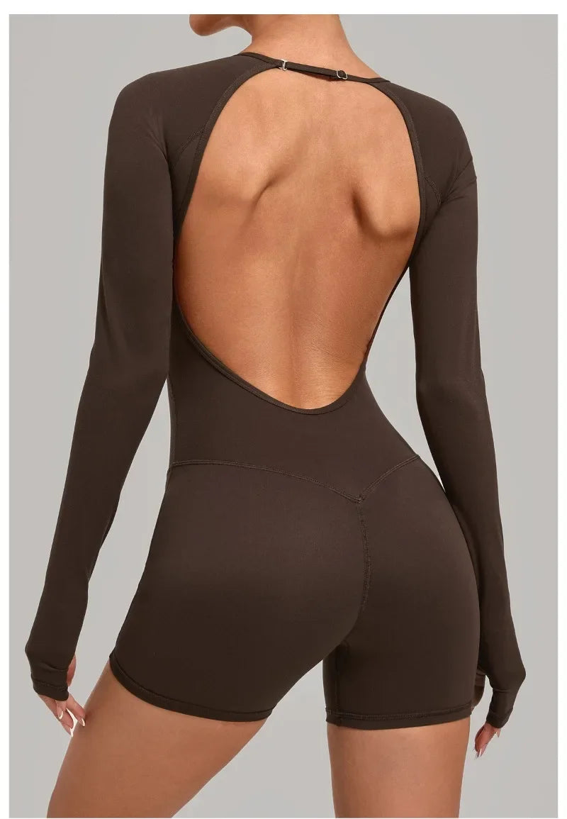 Women's Yoga Jumpsuits Sports Fitness Hip-lifting Long-sleeved Backless Running Training Workout Gym Shorts One-piece Bodysuits
