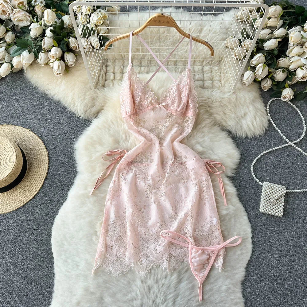 Sissy Crotchless Garter Deep V Lingerie Set See Through Lace Underwear Sexy Nightwear G-String Thongs Fantasy Pajamas