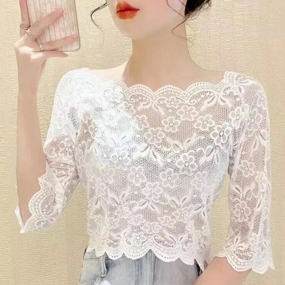 Women Summer Cropped Tops See-through Embroidery Lace Top One-word Collar Half Sleeve Blouse Pullover Tops