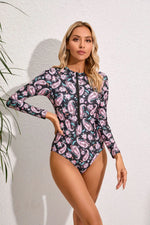 2024 Sexy Zipper Long Sleeve Women One Piece Swimsuit Floral Monokini Swim Wear Surfing Bathing Suit Swimwear Female Clothes