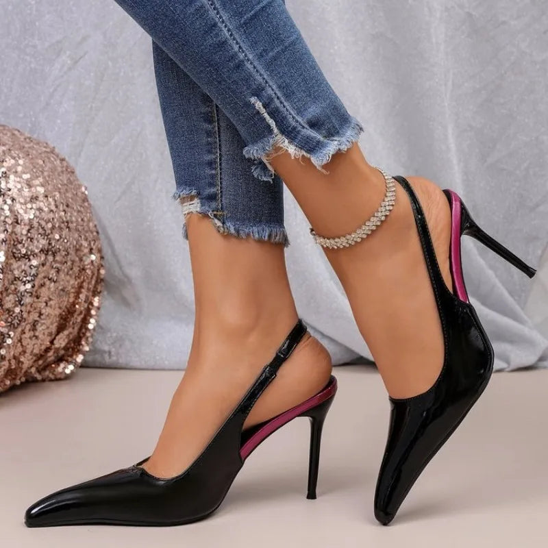 2026 Fashion Non-Slip Wear-Resistant High Heels Women's Pointed Toe Patent Leather Slip-On Sandals