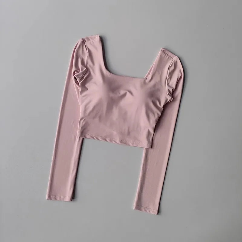 Women's Long Sleeve Yoga Top Cross Back Fitness Exercise Suit Fixed Chest Cushion Comfortable Sports Bra Top
