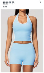 Naked Color Contrast Yoga Sets Women Hanging Neck Sports Vest Gym Clothes Breathable High Waist Shorts Fitness Suits Tracksuit