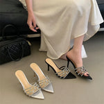 Fashion Crystal Rhinestone Thin High Heels Slippers Summer Pointed Toe Open Toes Woman Retro Slippers Party Dress Shoes New