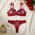 Red Unlined Transparent Embroidery Floral Sleepwear Lace Costumes Ladies Babydoll Bra And Briefs Set No-pad For Dating Gift