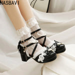 New Women Summer Leather Shoes Thick Square Heeled Sandals Marty Lolita Princess Ankle Shoes Large Size 45 46 47 48 Black White