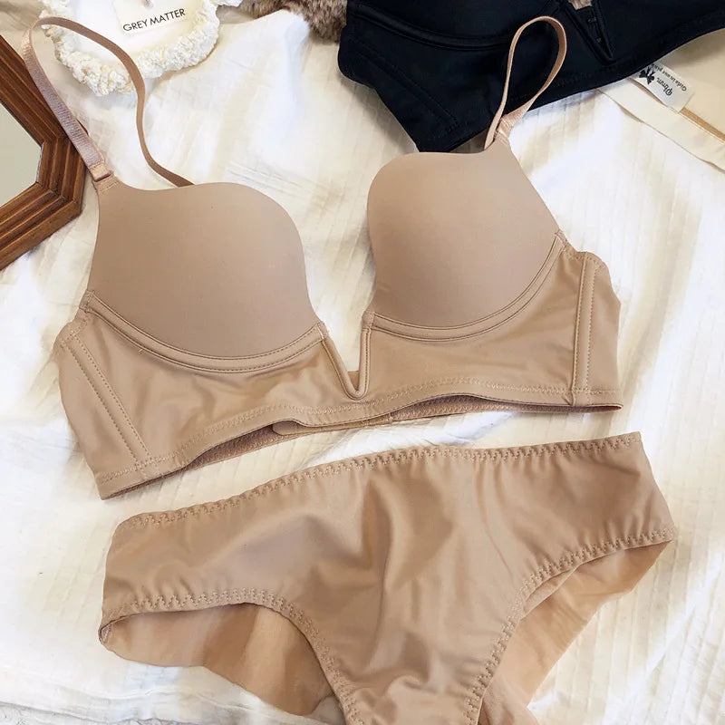 Sexy Plunge Lingerie for Women Seamless Push Up Bra Set 3 Color Adjustable Strap Brassiere Deep V Comfortable Female Underwear