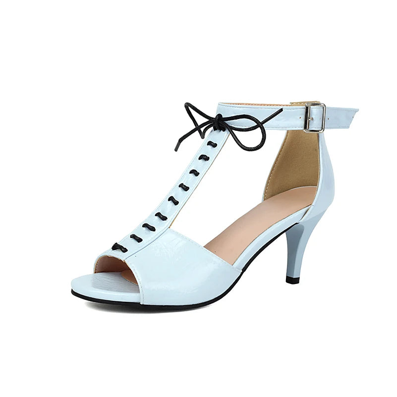 T-Shaped Strap High Slim Heel Peep Toe Hollowed Sexy Sandals Smooth Patent Leather Material Ankle Buckle Women's Sandals
