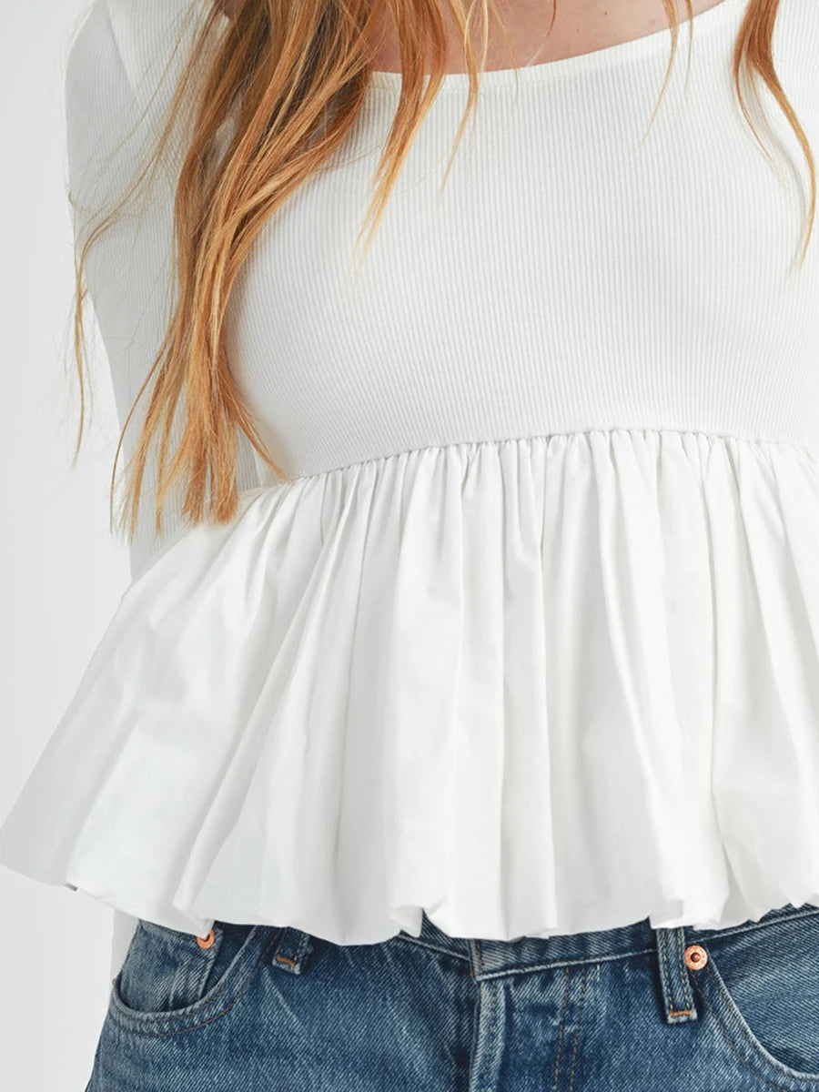 Women Long Sleeve Fall Peplum Tops Casual Solid Color Ruffled Hem Basic T-shirts Streetwear